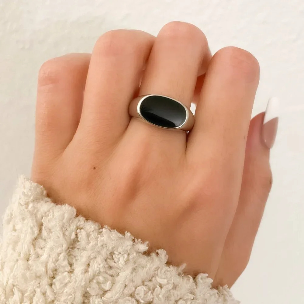 925 Sterling Silver Black Oval Ring Dainty Ring Geometric Minimalist Ring